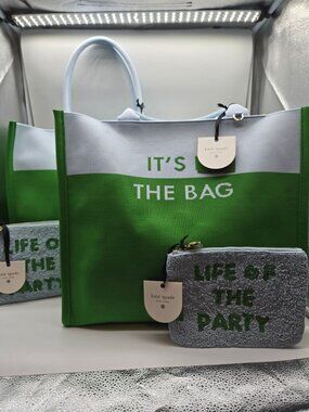 Kate Spade X Target Tote & Pouch Set - Green & Blue - "Its In The Bag" & "Life O